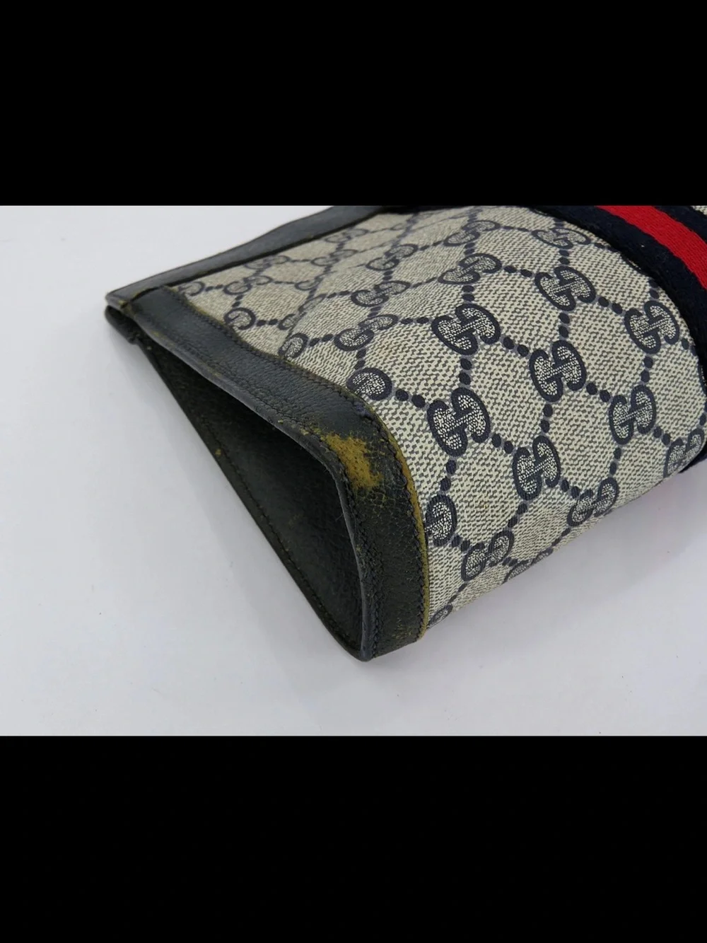 Gucci Beige GG Canvas Clutch with Black Trim and Red/Navy Web Stripe